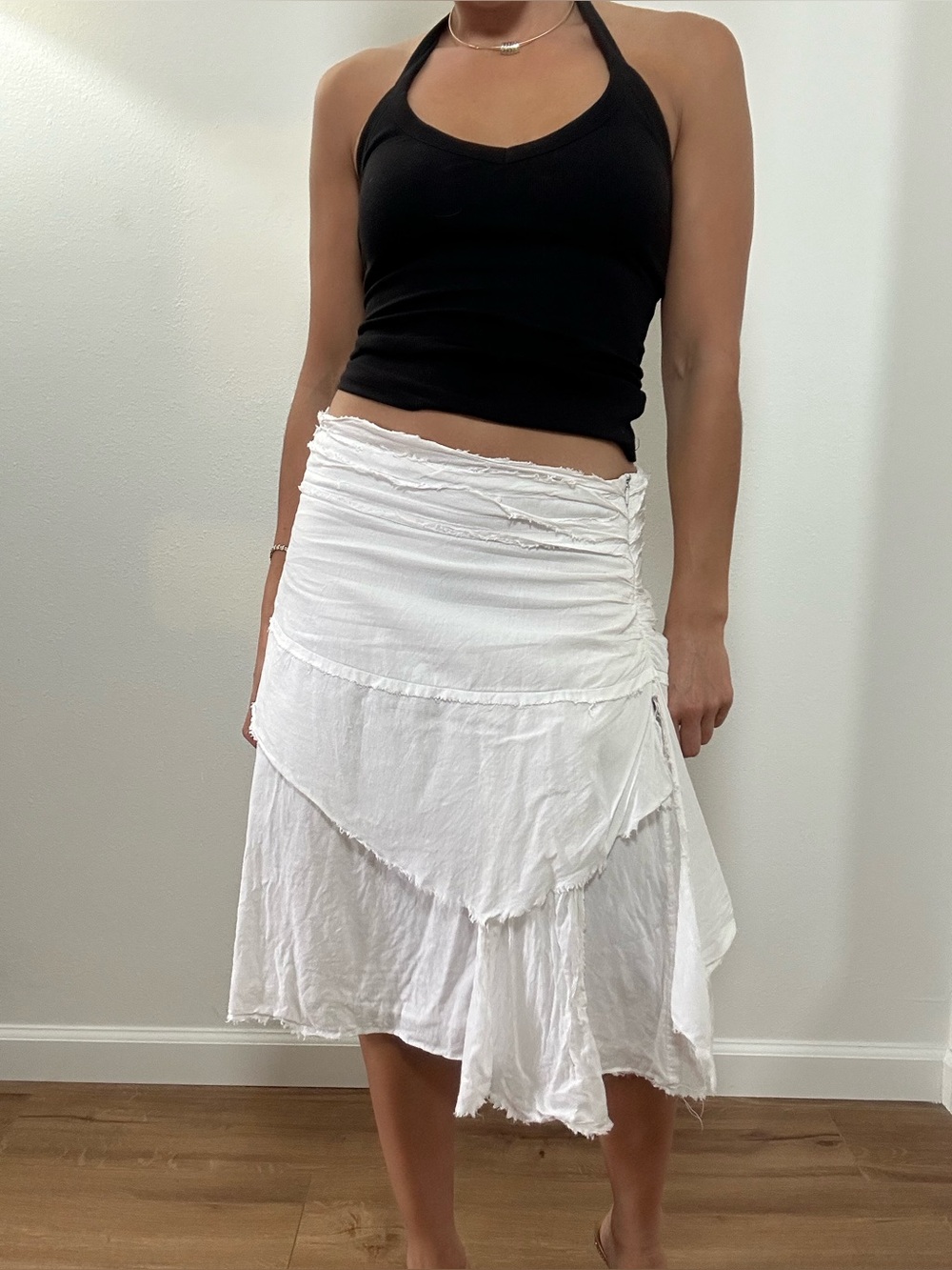 Vintage Y2K Wet Seal White Layered Asymmetrical Midi Skirt Ruched Mesh Size M